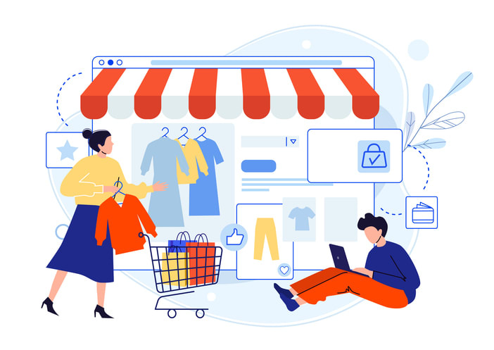 Man looking for products in internet using laptop stock illustration