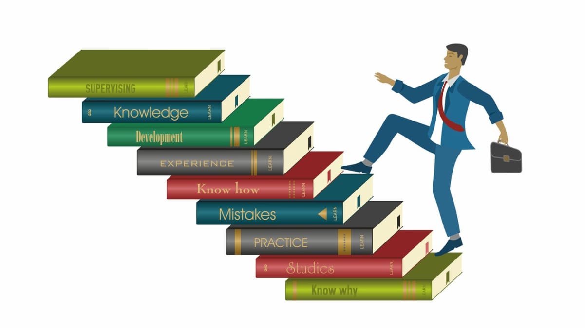 Man running i stairs of book