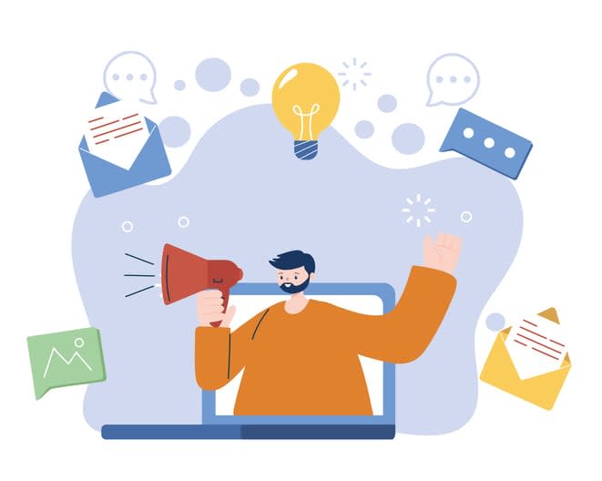 Man with laptop and megaphone vector design stock illustration