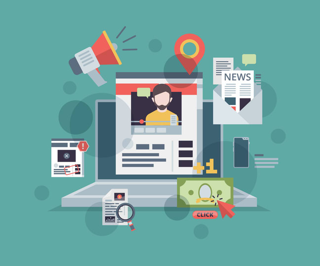 Monitor with content marketing symbols on screen