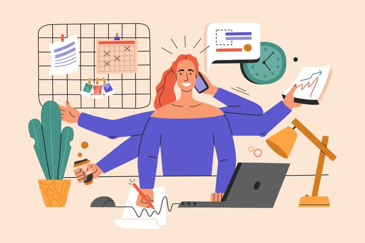 Multitasking girl performs many tasks at the same time stock illustration