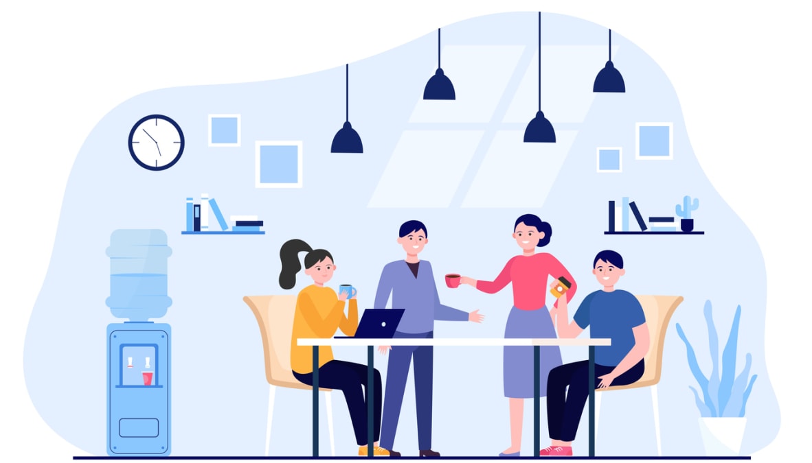 office people drinking coffee during lunch break