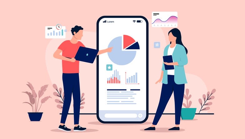 People with graph and charts stock illustration