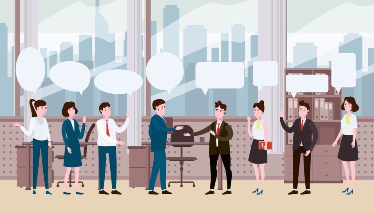 Illustration of office colleagues engaged in conversation with speech bubbles.