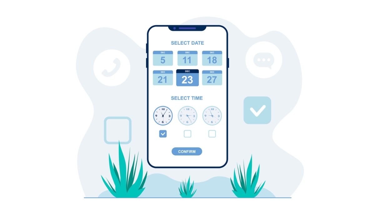 Smartphone interface displaying date and time selection for scheduling.