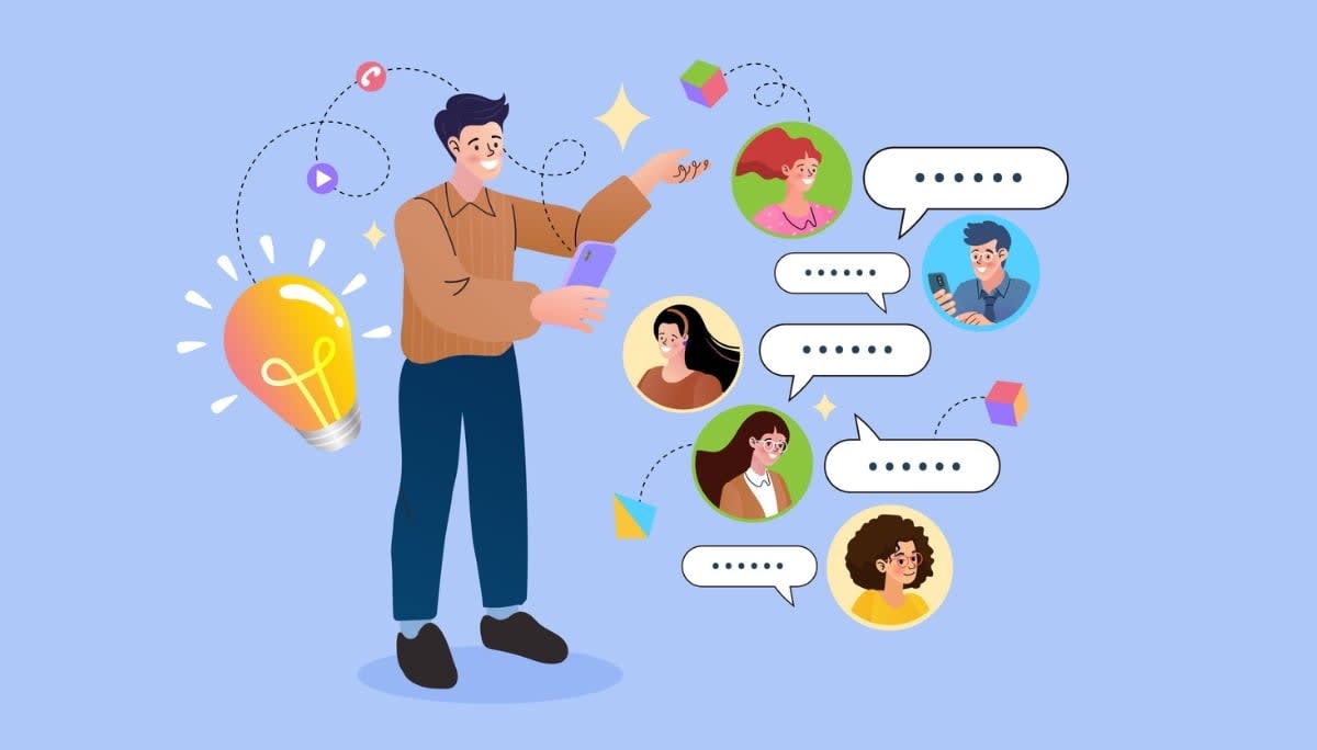 Illustration of person interacting with smartphone surrounded by speech bubbles, avatars, and idea icons, symbolizing digital communication, social networking, and community building through top Discord alternative apps in 2025.