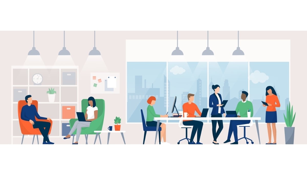 Illustration of professionals collaborating in a modern coworking office with lounge seating, shared desks, and digital devices.