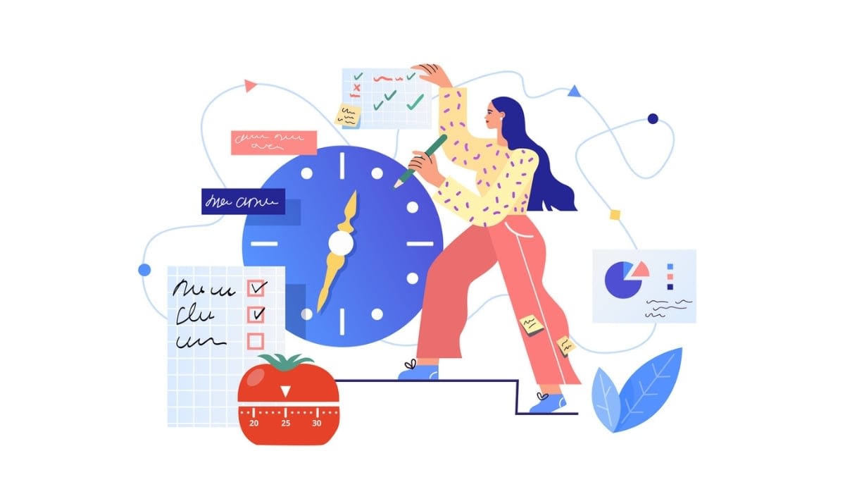 Illustration of a person checking off tasks on charts and clipboards beside a large clock and Pomodoro timer.
