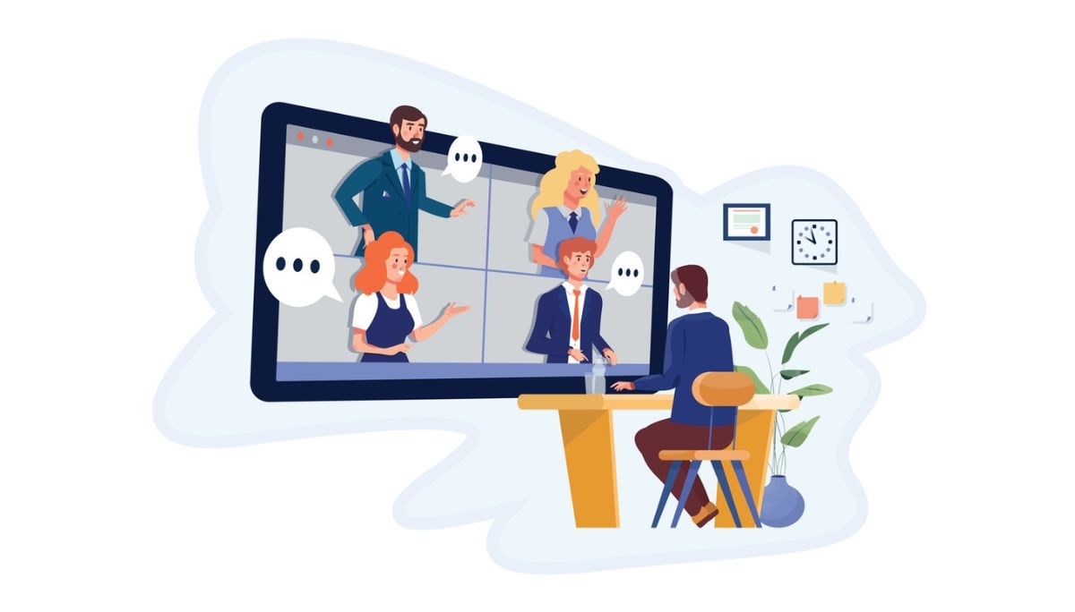 Illustration of professional in video conference with team members on screen, symbolizing the rise of remote tech and sales roles through virtual collaboration, digital communication, and flexible work environments.