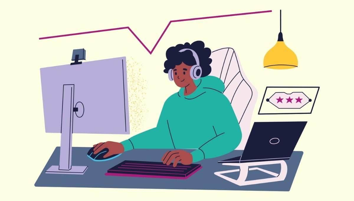 Illustration of focused gamer in hoodie and headphones at modern desk setup with large monitor, symbolizing the excitement and engagement of playing Spacebar Clicker through rapid key pressing and score chasing.