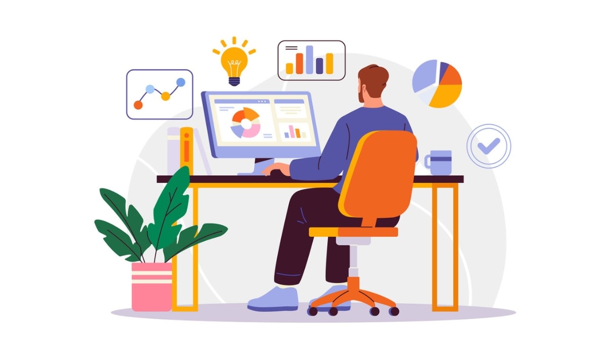 Illustration of a professional analyzing charts and graphs on a computer screen.