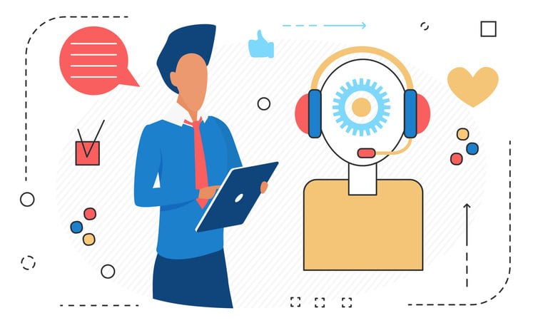 Robotic audio speech transcript, robot speaker next to man