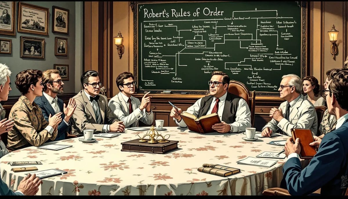 An illustration depicting the concept of Robert's Rules of Order in a meeting setting.
