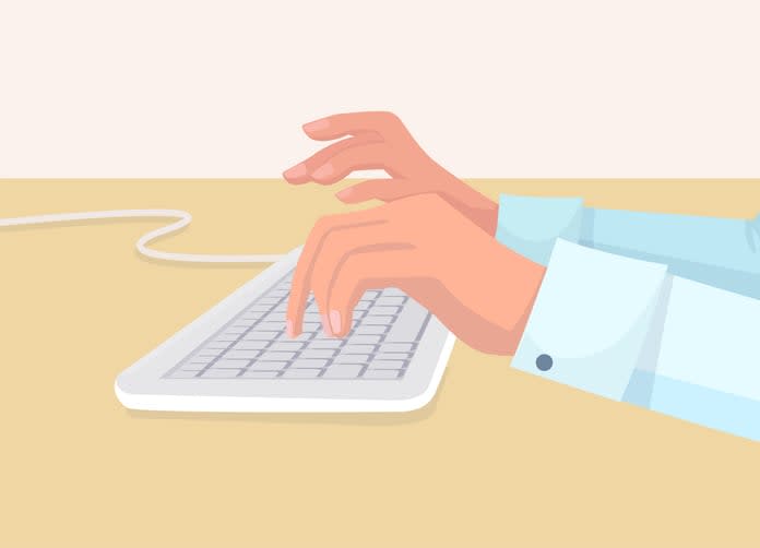 Secretarys Hands Types on White Coputer Keyboard stock illustration