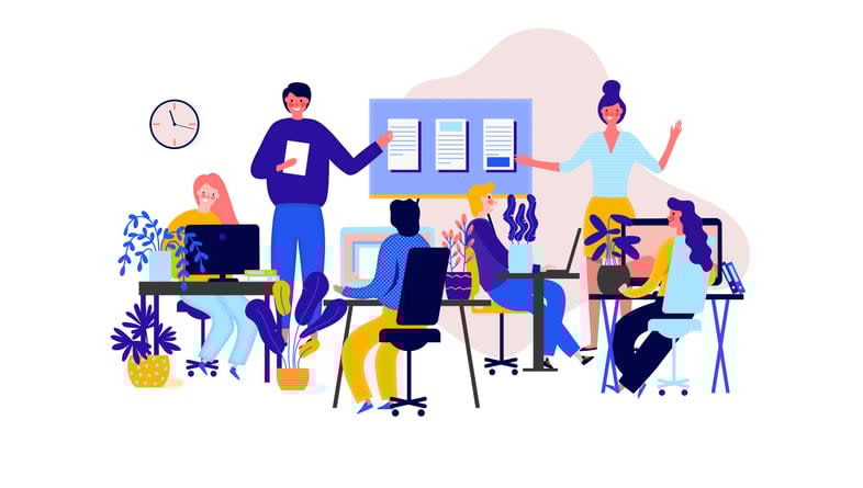 Set of scenes with efficient and effective time management and multitasking at work