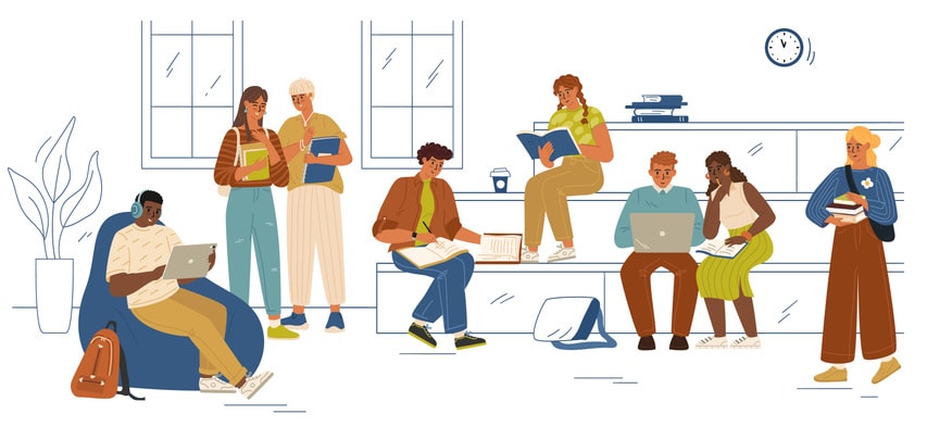 Students cartoon characters studying, resting together at campus indoors stock illustration