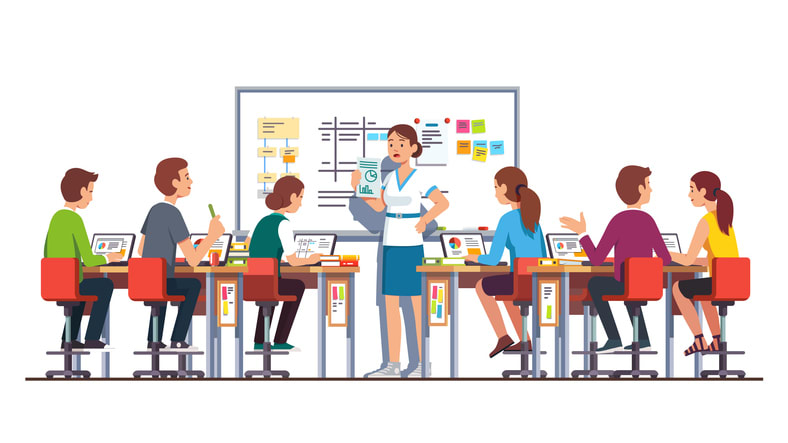 Students studying and working on laptops in modern technology classroom