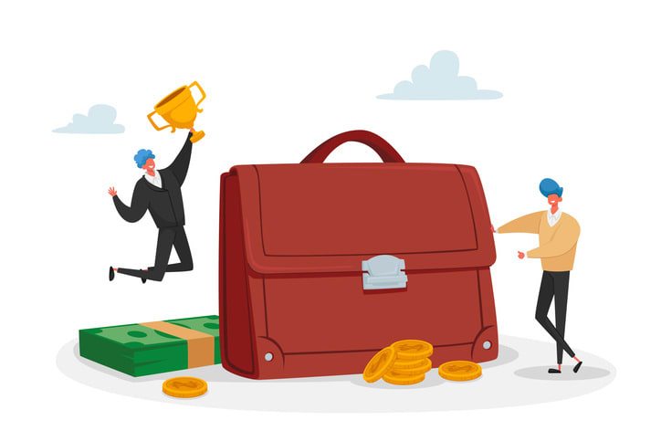 Tiny Investor Male Characters at Huge Briefcase Celebrate Win with Golden Goblet