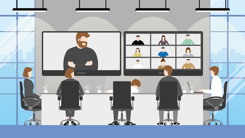 Tired office man sleep while meeting by video conference