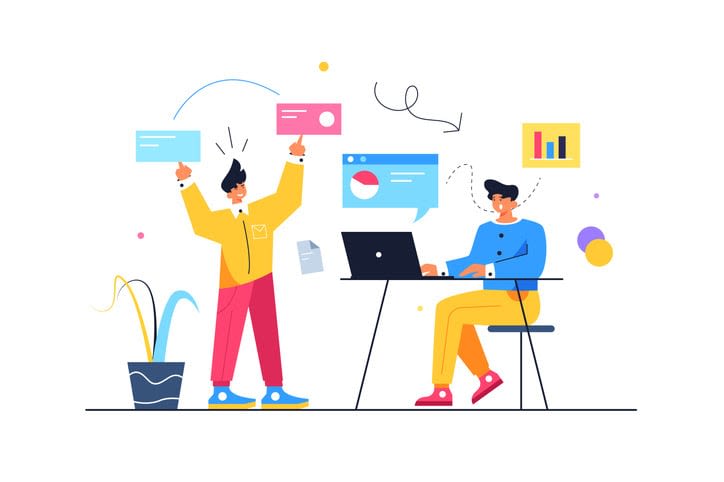 Two guys are involved in process control through virtual bubbles stock illustration