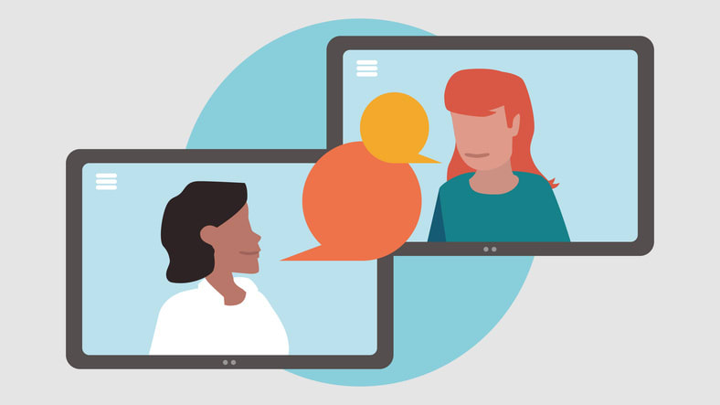 Vector illustration of two tablet PCs with people communicating with each other