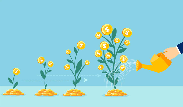 Vector of a business man hand with pot watering profitable money tree stock illustration