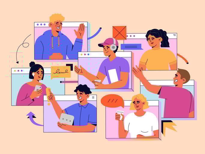 virtual conference with team of remote workers stock illustration