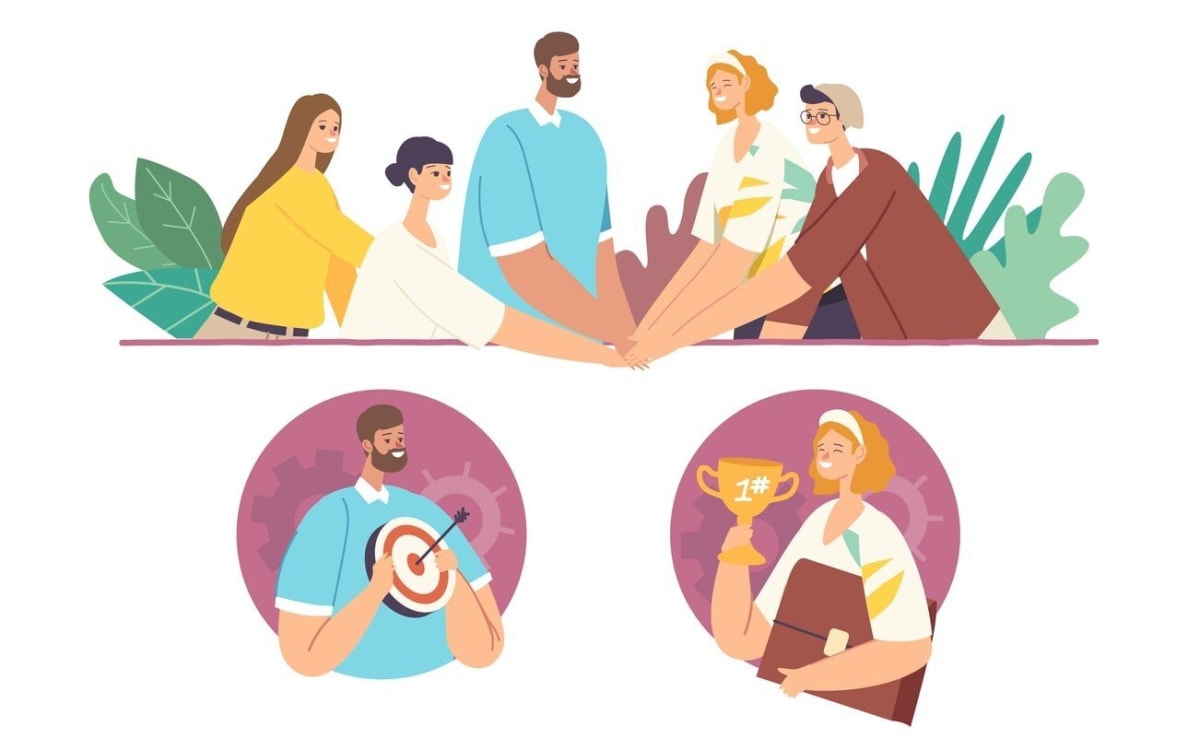 A team celebrating their success after a company retreat.