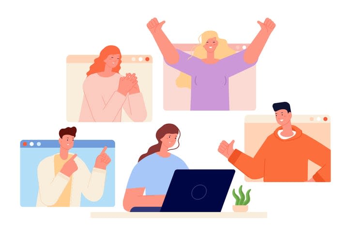 Woman work online, good gestures from friends