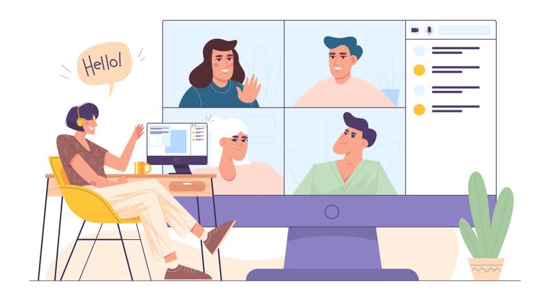 Woman working in home office and conducting video meeting stock illustration