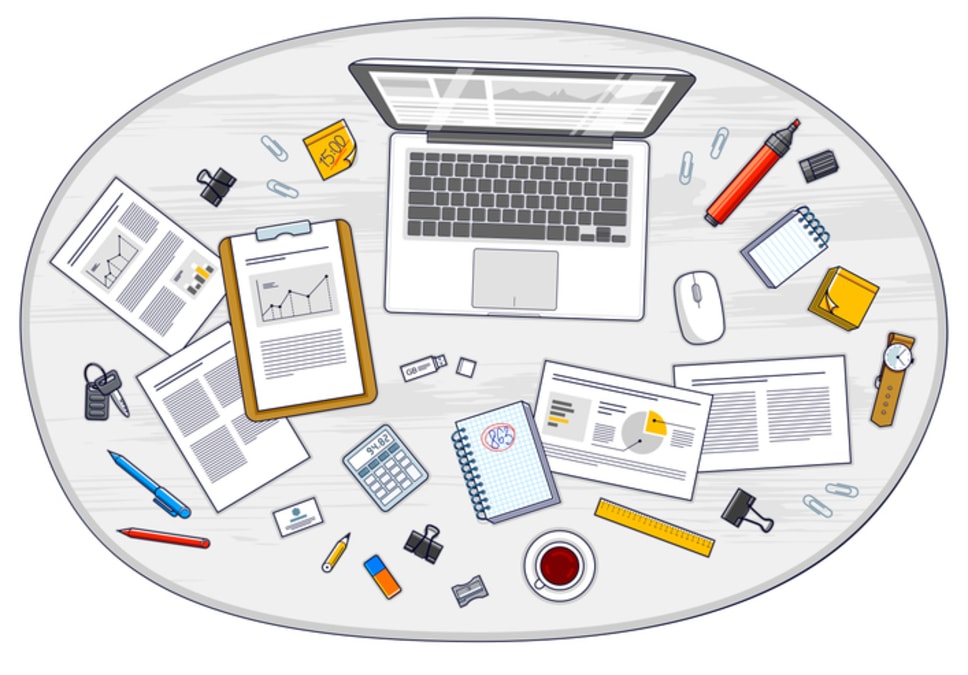 Work desk workspace top view with PC notebook and analytics papers with graphs and data and stationery objects on table