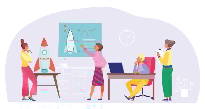 Young business people together launch company startup, industry chart presentation flat vector illustration, isolated on white