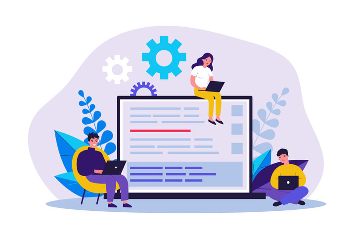 Young programmers coding new script stock illustration