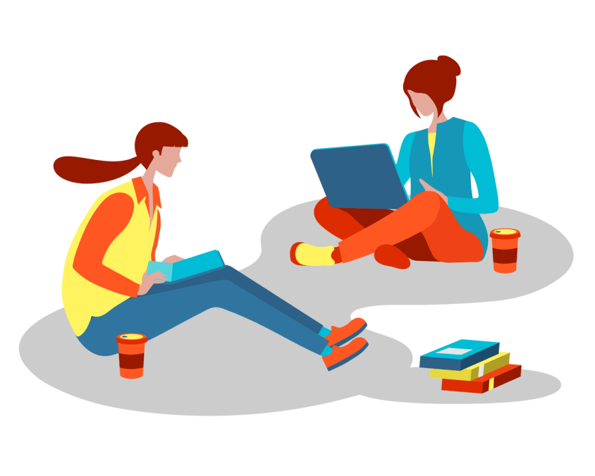 big isolated cartoon style happy young woman working on laptop on desk