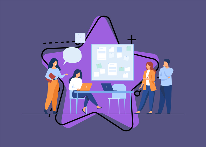 Team collaborating around bulletin board with sticky notes and laptops, illustrating a Starfish Retrospective session focused on feedback, reflection, and continuous improvement.