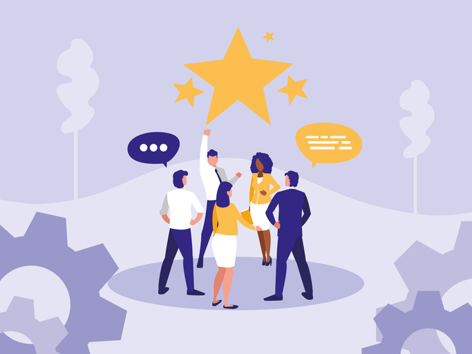 Business team standing in a circle under a golden star, engaging in discussion and collaboration, symbolizing facilitation of a Starfish Retrospective meeting for team reflection and improvement.